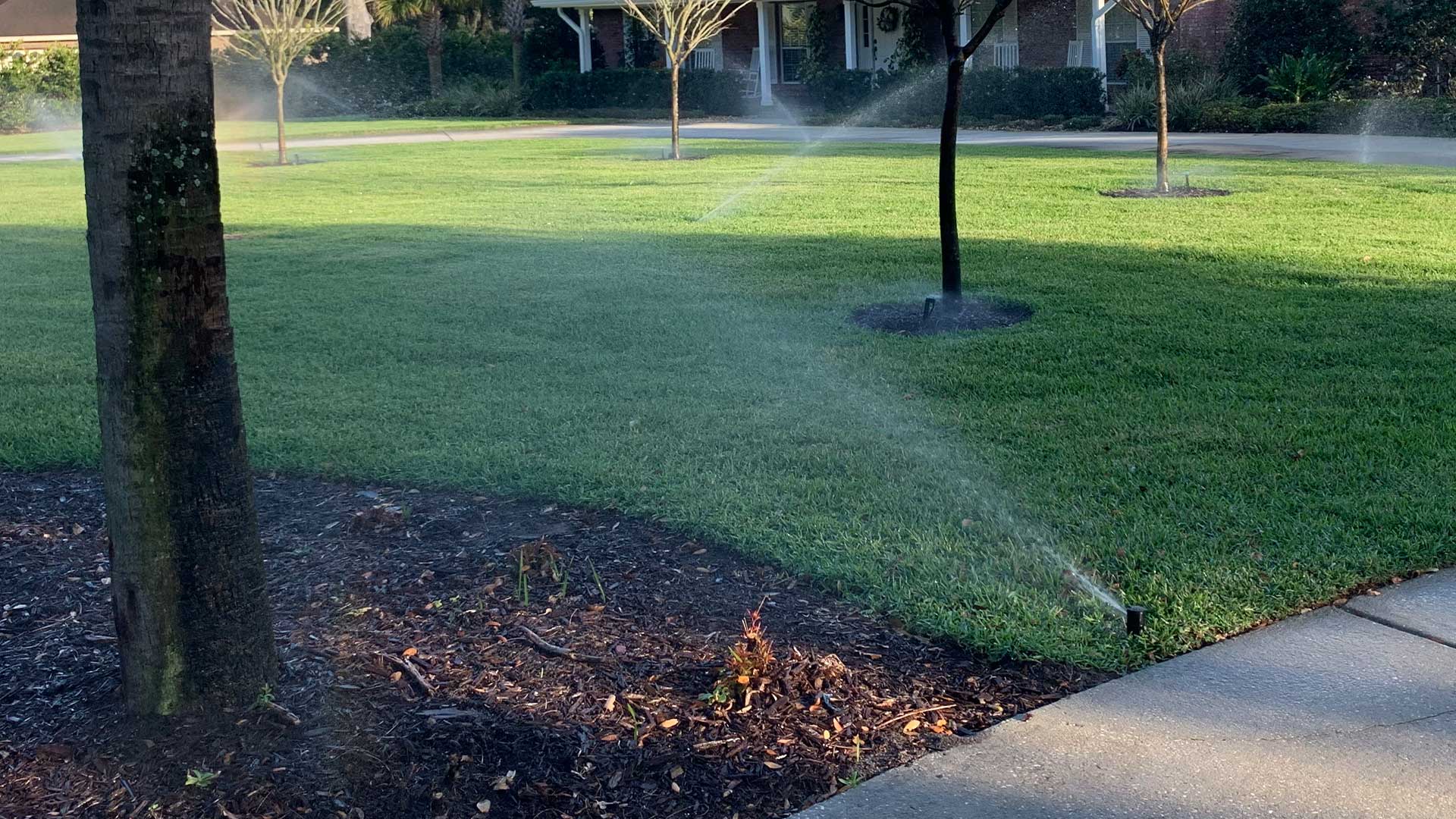 Irrigation system watering the lawn and landscaping at a residential property.